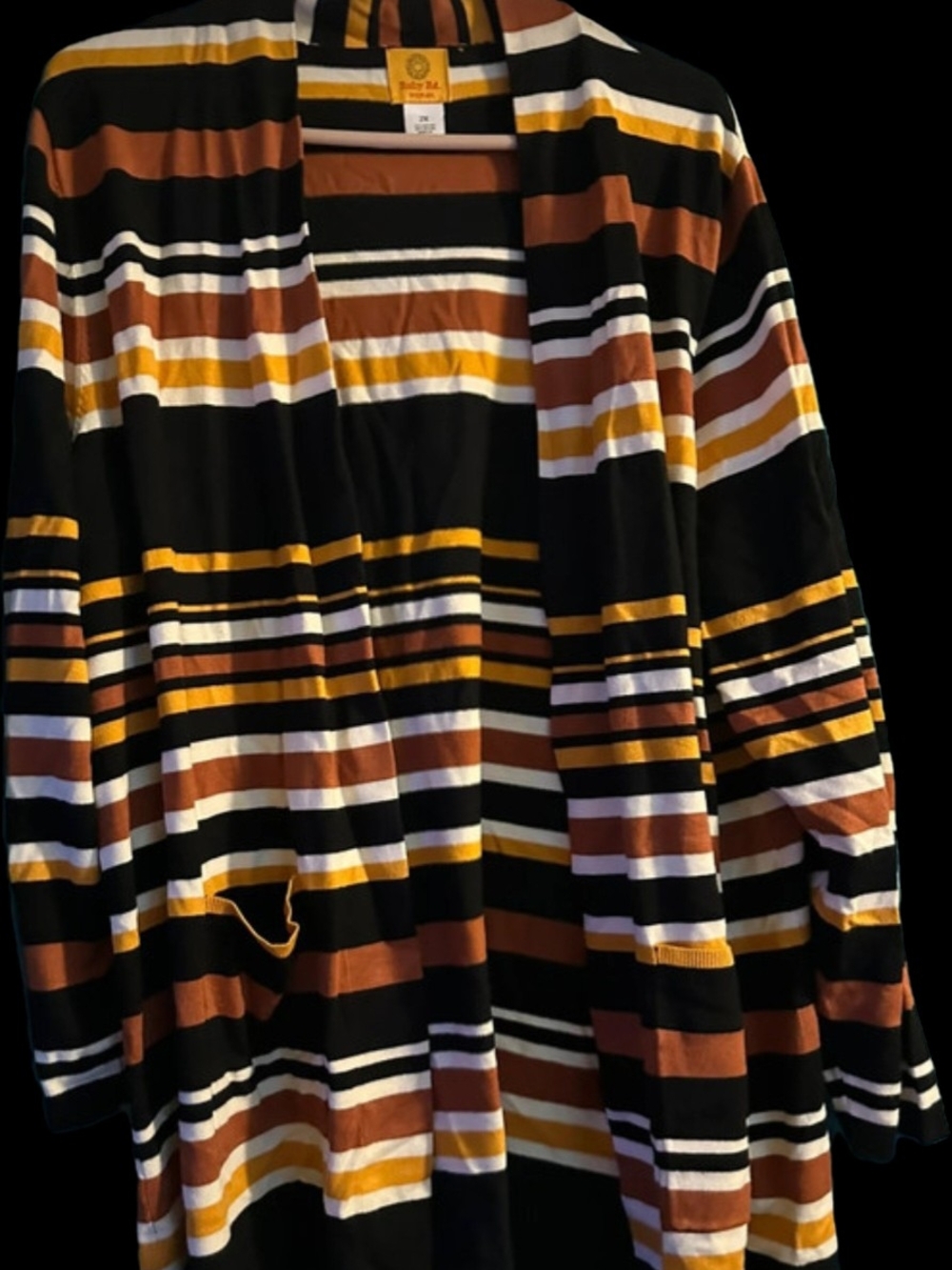 Ruby Rd. Open-Front Striped Cardigan in Black, Brown & Yellow